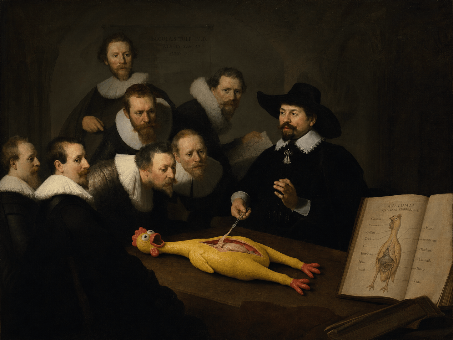 The Anatomy Lesson — a Rembrandt-style dissection of a rubber chicken